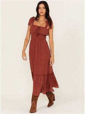 NWOT Ash & Violet / Boot Barn Rust Brown Sleeveless Tie Straps Midi Dress Medium